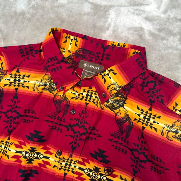 Ariat Western Aztec Red Black Cowboy Horses Rodeo Button Down Shirt Mens XXL - Picture 3 of 14